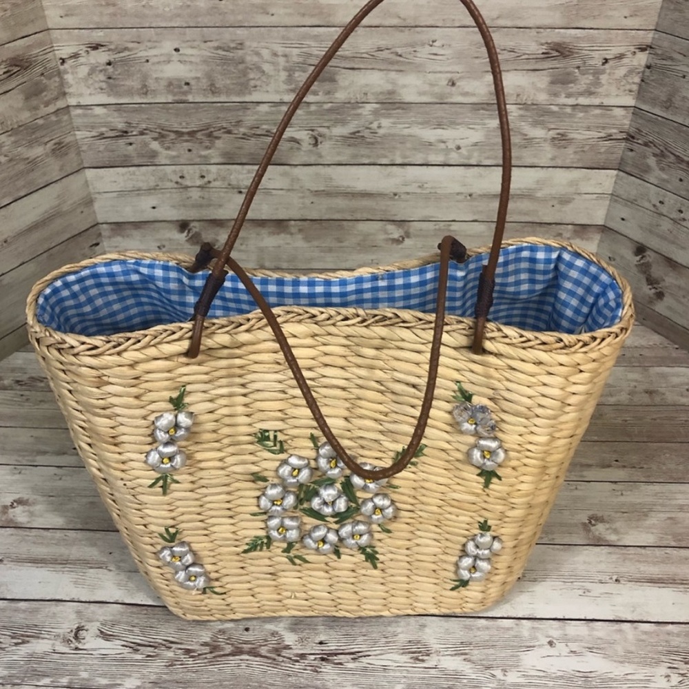 Natural Market Straw Bag United Colors of Benetton Handcrafted Purse Tote Floral